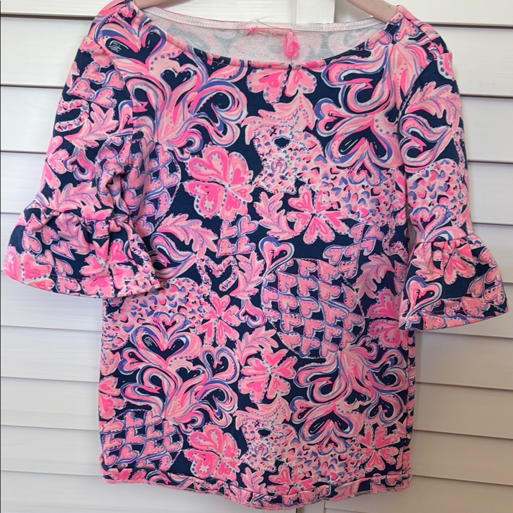 Lilly Pulitzer Pink and Blue Ruffled 3/4 Sleeve Blouse